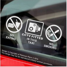 2 x No Eating,No Drinking,CCTV Fitted Stickers-WINDOW, White On Clear-120x50mm-Taxi,Minicab,Minibus,Cab Notice Sign 